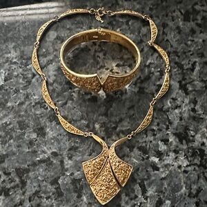 Trifari Signed Gold-Tone Textured Pendant Necklace and Bracelet Set
